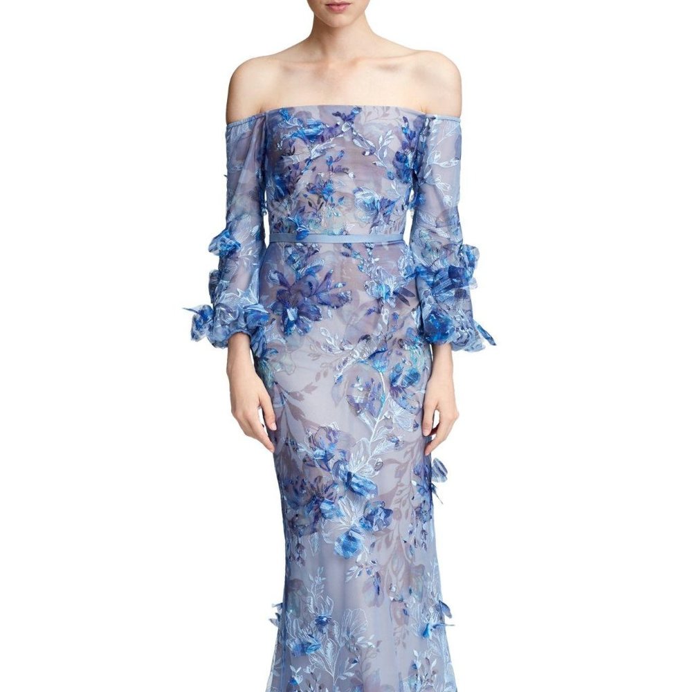 Marchesa Notte Tulle Off the Shoulder Bishop Sleeve 3D Embroidered Gown - XS, 2